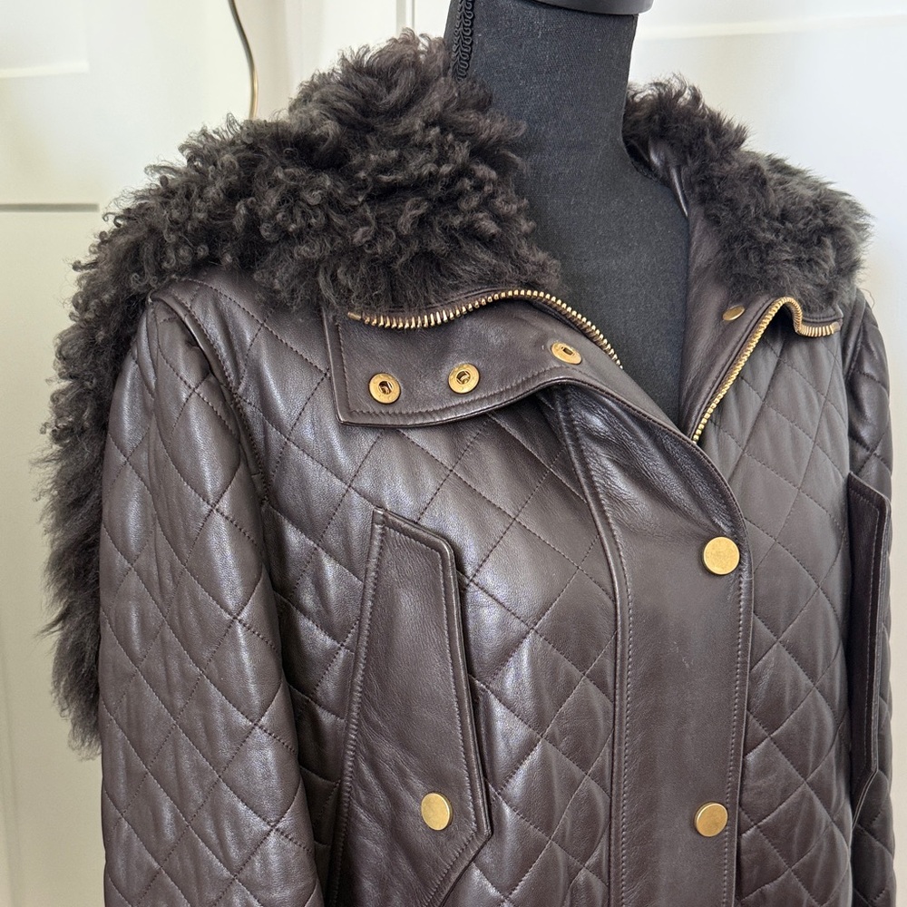 Michael Kors Collection Quilted Hooded Leather Coat in Dark Brown - Picture 4 of 7